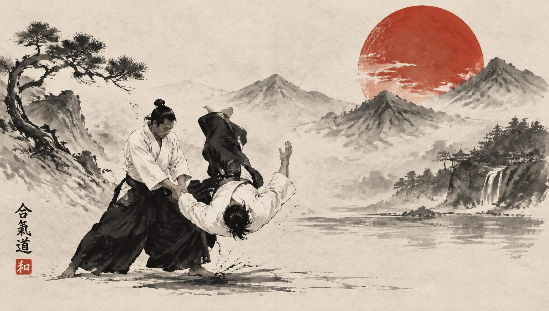 Tuschezeichnung zweier Aikidoka vor Bergen und roter Sonne