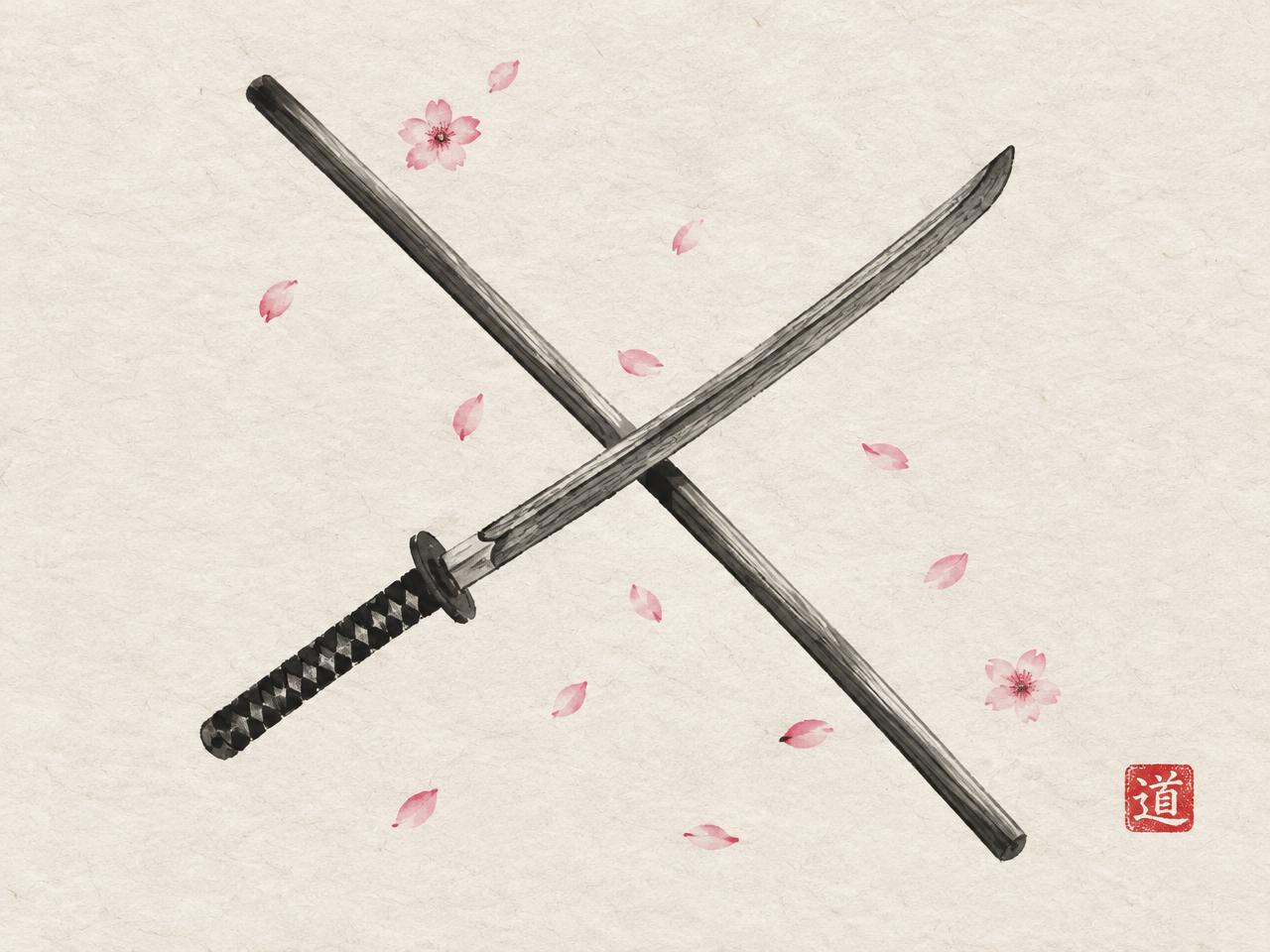 Gekreuzter Bokken und Jo mit Kirschblüten